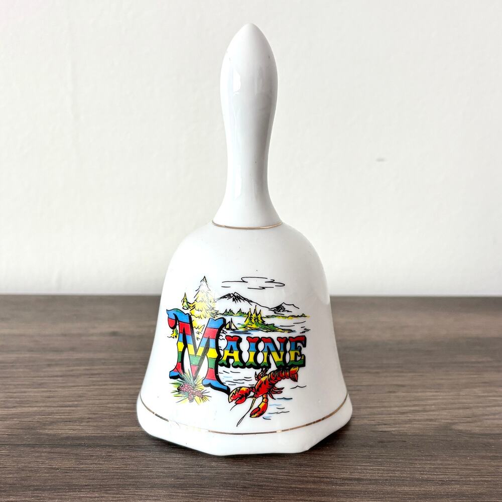 Maine Ceramic Souvenir Bell Landscape Illustration and Red Lobster - White